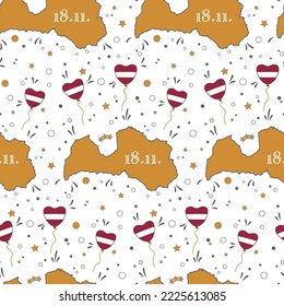 Festive seamless pattern of Republic of Latvia golden map with Latvian flag heart baloons, stars adn random elements on white background. Independence Day in Latvia. 18 November.