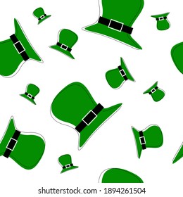 Festive seamless pattern for Saint Patrick's Day. Green traditional hats scattered on white randomly.