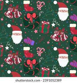 Festive seamless pattern with Santa Claus, Christmas tree, gifts and holiday decorations. Vector illustration. Winter design for scrapbooking, wrapping paper, fabric, textile.
