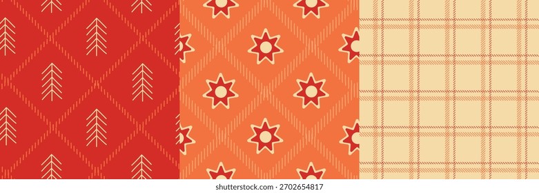 Festive seamless pattern set with Christmas tree, star and classic tartan designs. Perfect for wrapping paper, textiles, holiday packaging, cards, and cozy seasonal decor.