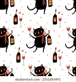 Festive seamless pattern with singing about love black cats holding wine glasses and bottles of red wine. Perfect for holiday wrapping paper, party decor, textiles or gift designs. 