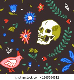 Festive seamless pattern. Skulls and birds among flower garlands. Great for greeting cards, halloween party invitations, t-shirt printing and more. Happy Halloween!