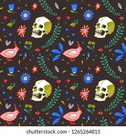 Festive seamless pattern. Skulls and birds among flower garlands. Great for greeting cards, halloween party invitations, t-shirt printing and more. Halloween illustration.