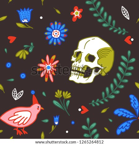 Festive seamless pattern. Skulls and birds among flower garlands. Great for greeting cards, halloween party invitations, t-shirt printing and more. Happy Halloween!