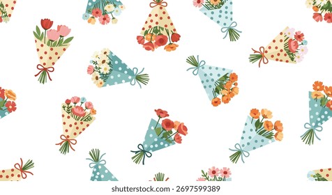 Festive seamless pattern of small colorful flower bouquets wrapped in decorative paper, scattered on a white background.