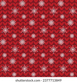 Festive seamless pattern of snowflakes on a red knitted background. Design for wrapping paper, card, wallpaper, banner, fabric, etc. Vector illustration