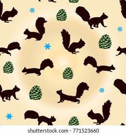 Festive seamless pattern of squirrel and snowflakes and forest bumps on beige background, vector
