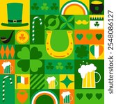 Festive seamless pattern for St. Patrick's Day. Modern geometric pattern with leprechaun hat, smoking pipe, clover, horseshoe, glass of beer, Ireland flag. Abstract trendy design. Vector illustration