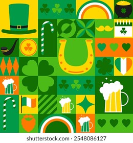 Festliches, nahtloses Muster für St. Patricks Day. Modernes geometrisches Muster mit Kobold-Hut, Rauchrohr, Klee, Hufeisen, Glas Bier, Irland-Flagge. Abstraktes trendiges Design. Vektorgrafik