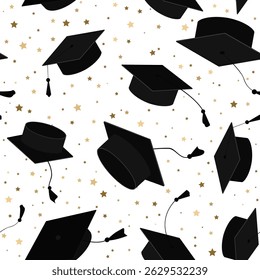 Festive seamless pattern with stars and graduate hats in the air. Flying graduation caps background for graduation announcements, invitations, celebration design. Vector illustration.