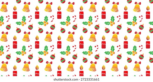 Patrón festivo sin fisuras con campanas tradicionales de vacaciones, velas, acebo, adornos y bastones de caramelo para celebraciones alegres.