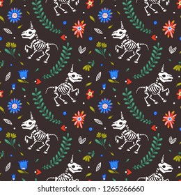 Festive seamless pattern. Unicorns among flower garlands. Great for greeting cards, halloween party invitations, t-shirt printing and more. Halloween illustration.