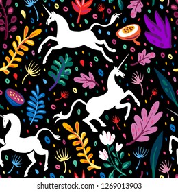 Festive seamless pattern. Unicorns, flowers and magical herbs. Great for Halloween greeting cards, for printing on t-shirts and more.