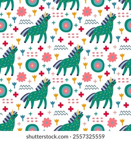 Festive seamless pattern with unicorns, flowers and different color elements. Vector illustration unicorns.