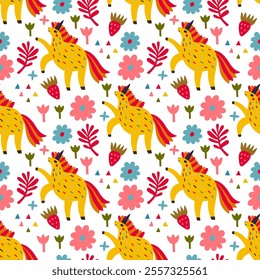 Festive seamless pattern with unicorns, flowers and different color elements. Vector illustration unicorns.