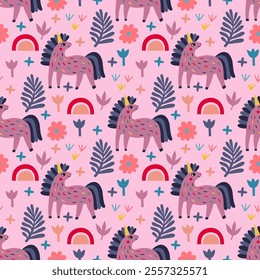 Festive seamless pattern with unicorns, flowers and different color elements. Vector illustration unicorns.