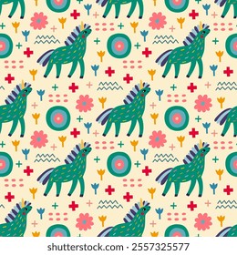 Festive seamless pattern with unicorns, flowers and different color elements. Vector illustration unicorns.