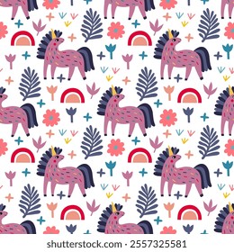 Festive seamless pattern with unicorns, flowers and different color elements. Vector illustration unicorns.