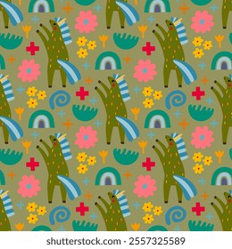 Festive seamless pattern with unicorns, flowers and different color elements. Vector illustration unicorns.