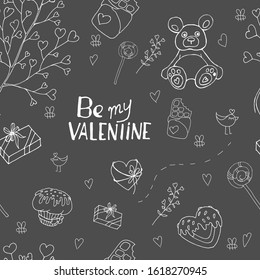 Festive seamless pattern. Valentine's day pattern. Vector illustration. Be my Valentine. Gray background. Graphite.