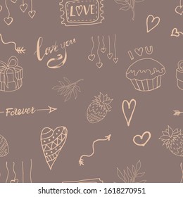 Festive seamless pattern. Valentine's day pattern. Vector illustration. Coffee color background. Golden outline.