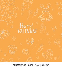 Festive seamless pattern. Valentine's day pattern. Vector illustration. Be my Valentine. Yellow background. White outline.