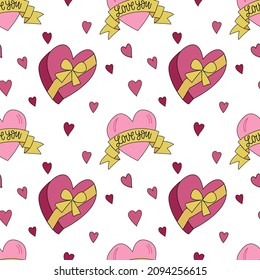 Festliche nahtlose Muster für den Valentinstag mit Herz-Geschenkbox. Briefe ich liebe dich. Vektorgrafik auf weißem Hintergrund. Für die Gestaltung der Umhüllungen der Verpackung von Textilpostkarten.