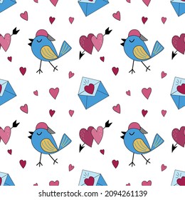 Festive seamless pattern for valentines day with hearts birds envelope. Vector graphic on white background. For the design of the covers of the packging of textile postcards.