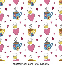 Festive seamless pattern for valentines day with hearts cups and crowns. Vector graphic on white background. For the design of the covers of the packging of textile postcards.