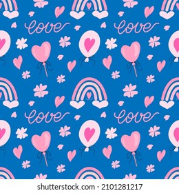 Festive seamless pattern for valentines day with ballons hearts flowers rainbows lettering love. Vector graphic on blue background. For the design of the covers of the packging of textile postcards.