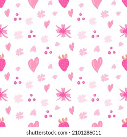 Patrón ininterrumpido festivo para el día de las San Valentín con corazones rosados flor fresas. Gráfico vectorial sobre fondo blanco. Para el diseño de las cubiertas del embalaje de postales textiles.