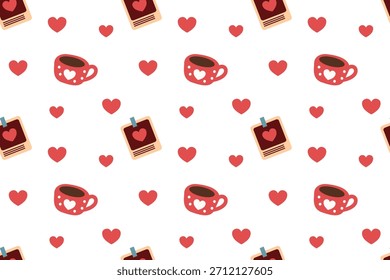 Festive seamless pattern for Valentine's Day with hearts and coffee cups. Flat style illustration.