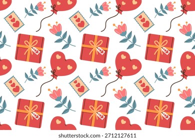 Festive seamless pattern for Valentine's Day. Flowers, a heart, a gift, and a heart-shaped balloon. Flat style illustration.