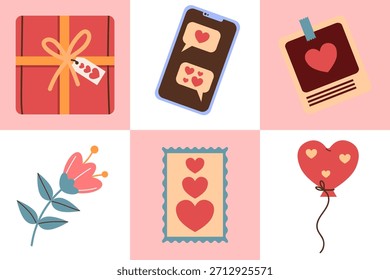 Festive seamless pattern for Valentine's Day. Flowers, gift, heart-shaped balloon. Flat style illustration.