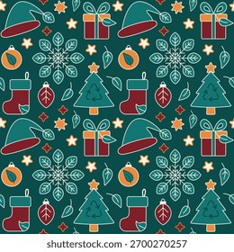 A festive seamless pattern in vector flat art style featuring eco-friendly Christmas elements such as gifts, hats, stockings, trees, snowflakes, ornaments, leaves, and recycling symbols.
