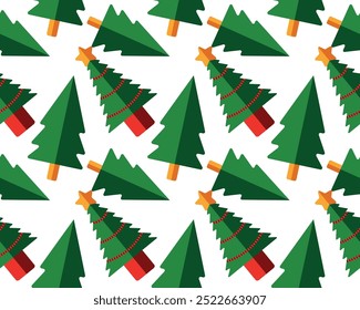 Patrón inconsútil festivo en Vector con árboles de Navidad geométricos en color verde. Los árboles presentan diseños rojos y están colocados sobre un fondo transparente, perfecto para un diseño de vacaciones.