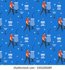 Festive seamless pattern. Vector illustration with man, glass. Party concept. Happy New Year 2020, birthday. Design for fabric, print, wrapping paper.