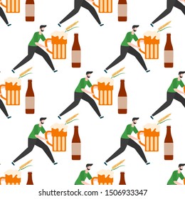 Festive seamless pattern. Vector illustration with people, beer, beer glass, mug, bottle, wheat. Beer party concept. Munich Beer Festival Oktoberfest. Design for fabric, print, wrapping paper.