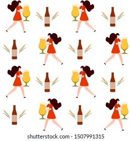 Festive seamless pattern. Vector illustration with people, beer, beer glass, mug, bottle, wheat. Beer party concept. Munich Beer Festival Oktoberfest. Design for fabric, print, wrapping paper.