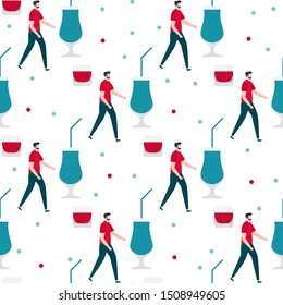 Festive seamless pattern. Vector illustration with man, glass. Party concept. Happy New Year 2020, birthday. Design for fabric, print, wrapping paper.