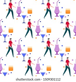 Festive seamless pattern. Vector illustration with man, glass. Party concept. Happy New Year 2020, birthday. Design for fabric, print, wrapping paper.