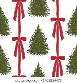 Festive seamless pattern of vertical red ribbon garlands, decorative Christmas trees, and gold-lit swags on a white background. Elegant, traditional, and warm for fabric and packaging