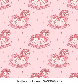 Festive seamless pattern of vintage toy, rocking horse in coquette aesthetic. Whimsical background of animal with bow ribbon, stars. Vintage backdrop for greeting cards, wedding, invitations