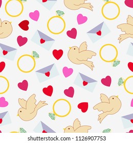 A festive seamless pattern for a wedding and an engagement with hearts, a pigeon, a ring and a letter.