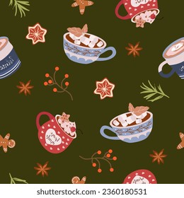 Festive seamless pattern with winter hot drinks .