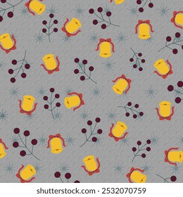 A festive seamless pattern with yellow bells, holly berries, and decorative elements on a textured background. Ideal for Christmas-themed designs, gift wraps, greeting cards, and seasonal project.