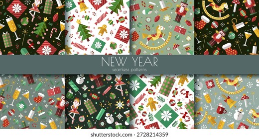 Festive seamless patterns set with New Year elements like gifts, trees, nutcrackers, and candy in vibrant flat style on various backgrounds. Vector illustration