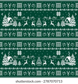 Festive seamless pixel art pattern with winter cabins, reindeer, snowflakes, and forest scenery. Ideal for fabric, holiday apparel, wrapping paper, and decor.
