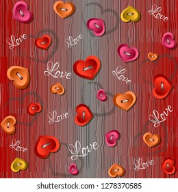 Festive seamless red pattern for St. Valentine Day with clothes buttons in hearts form. Vector illustration.