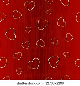 Festive seamless red pattern for St. Valentine Day with golden hearts. Vector illustration.